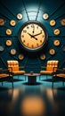 3D rendering Chairs accompanied by clock, in a thoughtfully crafted illustrative scene.