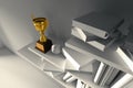 3d rendering champion golden trophy placed on white empty interior book shelf at night.