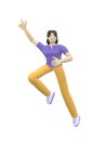 3D rendering character of an Asian girl jumping and dancing holding his hands up. Happy cartoon people, student, businessman. Royalty Free Stock Photo