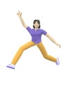 3D rendering character of an Asian girl jumping and dancing holding his hands up. Happy cartoon people, student, businessman. Royalty Free Stock Photo