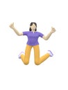 3D rendering character of an Asian girl jumping and dancing holding his hands up. Happy cartoon people, student, businessman. Royalty Free Stock Photo