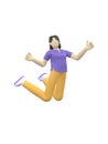 3D rendering character of an Asian girl jumping and dancing holding his hands up. Happy cartoon people, student, businessman. Royalty Free Stock Photo