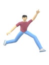 3D rendering character of an Asian guy jumping and dancing holding his hands up. Happy cartoon people, student, businessman. Royalty Free Stock Photo