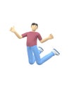 3D rendering character of an Asian guy jumping and dancing holding his hands up. Happy cartoon people, student, businessman. Royalty Free Stock Photo