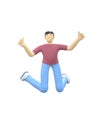 3D rendering character of an Asian guy jumping and dancing holding his hands up. Happy cartoon people, student, businessman. Royalty Free Stock Photo