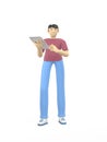 3D rendering character of an asian guy with a tablet. The concept of study, business, leader, startup. Positive illustration is