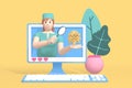 3D rendering character blogger channel medicine and science. A cartoon woman doctor, scientist in the monitor shows a virus, a