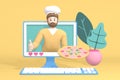 3D rendering character blogger channel photo. Cartoon guy, a man in a cook hat in the monitor shows pizza. Abstract minimal