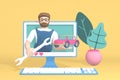 3D rendering character car blogger channel. A cartoon man in the monitor shows a transport and a tool. Abstract minimal concept of