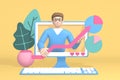 3D rendering character financial blogger channel. A cartoon man in the monitor shows a graph rising. Abstract minimal internet