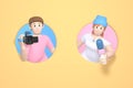 3D rendering character a guy with a video camera and a girl with a microphone. Abstract minimal concept. News gathering, sensation Royalty Free Stock Photo