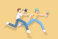3D rendering character a guy with a video camera and a girl with a microphone are running. Abstract minimal concept. News Royalty Free Stock Photo