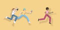 3D rendering character a guy with a video camera and a girl with a microphone are running after a celebrity. Abstract minimal