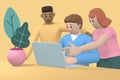 3D rendering character young guys and a girl working in a laptop. Abstract minimal concept. News gathering, teamwork, startup,