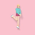 3D rendering character a young, happy, cheerful girl hipster in a hat jumping and dancing on a pink background. Abstract minimal