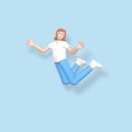 3D rendering character a young, happy, cheerful girl jumping and dancing on a blue background. Abstract minimal concept youth,