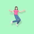 3D rendering character a young, happy, cheerful girl jumping and dancing on a green background. Abstract minimal concept youth,