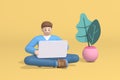 3D rendering characters of a young guy sitting on the floor working with a laptop. Abstract minimal concept of freelance, remote