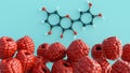 A 3d rendering of quercetin molecule and raspberries Royalty Free Stock Photo