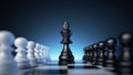 3d rendering, chess game pieces over the blue background, black king is placed in the middle of the chessboard between two rows of Royalty Free Stock Photo