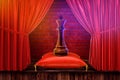 3d rendering of a chess king piece on a red royal pillow placed on stage with red curtains.