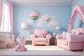 3d rendering children room with pink sofa, pink armchair, teddy bear and air balloon, Babies room with pink and blue pastel colors