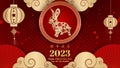 3d rendering Chinese New Year Celebration Background, Chinese Zodiac Rabbit 2023, Golden and Red with Particle for Chinese