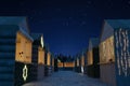 3d rendering of christmas market of different wooden huts at starry night Royalty Free Stock Photo