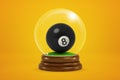 3d rendering of christmas snow globe with black pool and billiard ball inside on yellow background