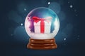 3d rendering of christmas snow globe with gift box inside on dark blue background. Royalty Free Stock Photo