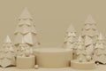 3D rendering of Christmas trees and a platform for a product demonstration on a beige background Royalty Free Stock Photo