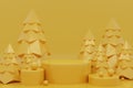 3D rendering of Christmas trees and a platform for a product demonstration on a yellow background Royalty Free Stock Photo