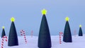 3d rendering of Christmas trees with yellow stars on top, standing in a snowy ground with a candy cane fence Royalty Free Stock Photo