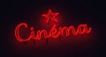 Cinema title in red neon