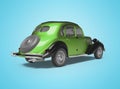 3d rendering of classic green passenger car on blue background with shadow back view