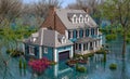 3d rendering of classic house in colonial style in spring flood