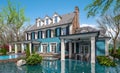 3d rendering of classic house in colonial style in spring flood