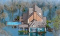 3d rendering of classic house in colonial style in spring flood