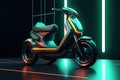 3D rendering of a classic scooter in neon light on a dark background, Generic electric scooter, futuristic mobility solution for