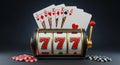 Slot machine with winning triple sevens and poker hand of royal flush on dark background Royalty Free Stock Photo