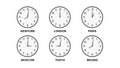3d rendering. classical World time zone clocks on white background
