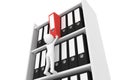 3D rendering from a clay character who is pulling out a red folder from a filing cabinet