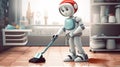 3D rendering of a cleaning robot worker cleaning the kitchen with a vacuum cleaner. Royalty Free Stock Photo