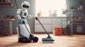 3D rendering of a cleaning robot worker cleaning the kitchen with a vacuum cleaner. Royalty Free Stock Photo