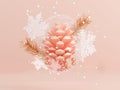 Pink scene 3d rendering clear jar pine cone snowflake levitation abstract winter concept