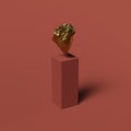 3D rendering of a cliff of gold, a sculpture levitates above a curbstone on a red background Royalty Free Stock Photo