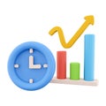 3D rendering clock and color graphs pointing up icon. 3d render chart and oclock, timer icon on white background. Clock