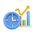 3D rendering clock and color graphs pointing up icon. 3d render chart and oclock, timer icon on white background. Clock