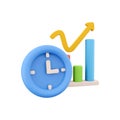 3D rendering clock and color graphs pointing up icon. 3d render chart and oclock, timer icon on white background. Clock