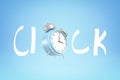 3d rendering of `CLOCK` sign with blue alarm clock instead of `O` on blue background